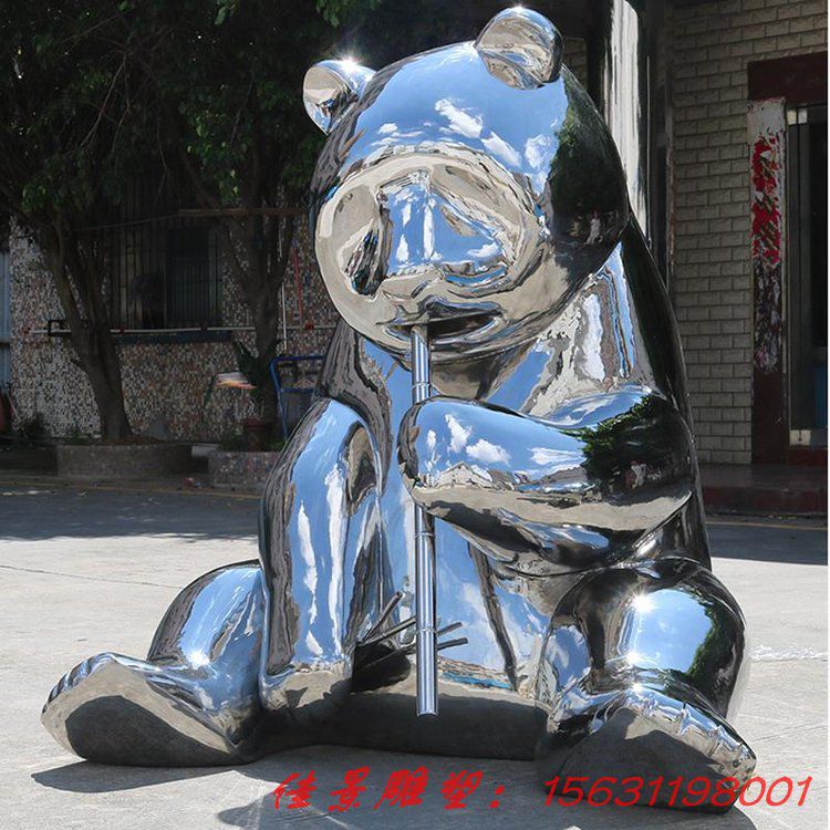 不銹鋼鏡面熊貓雕塑廣場(chǎng)動(dòng)物雕塑金屬擺件 (2)