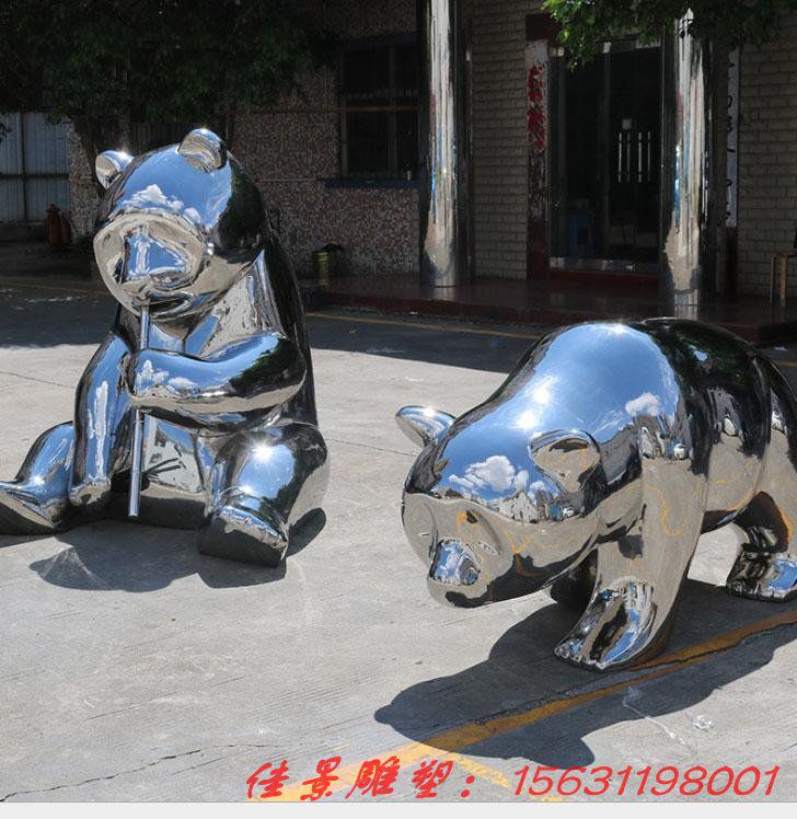 不銹鋼鏡面熊貓雕塑廣場(chǎng)動(dòng)物雕塑金屬擺件 (4)