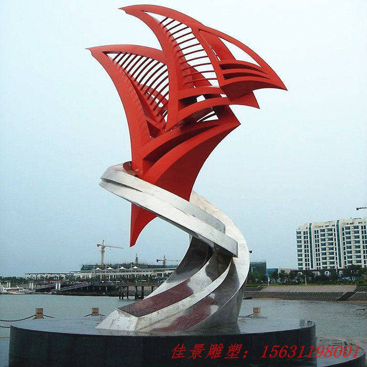 抽象不銹鋼帆船和海浪雕塑