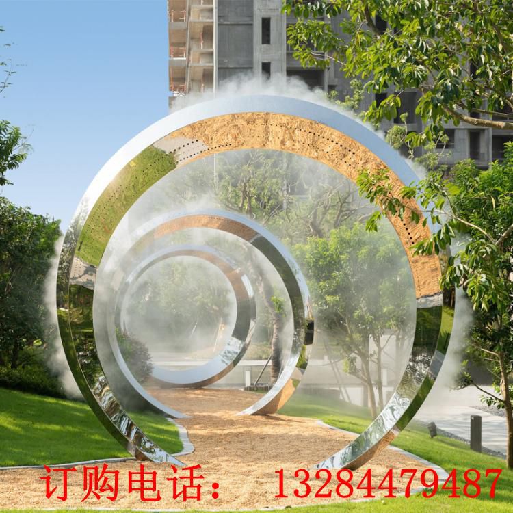 不銹鋼圓環(huán)水霧門雕塑
