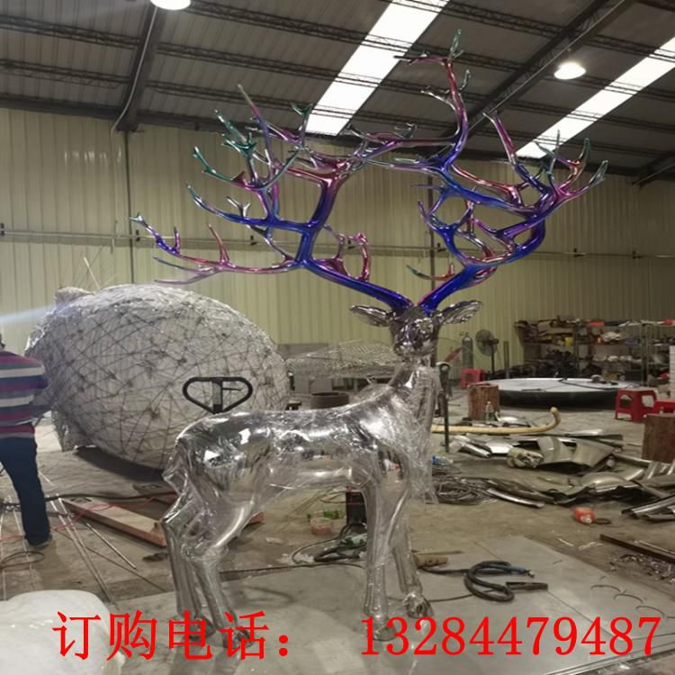 不銹鋼鏡面鹿彩色角雕塑