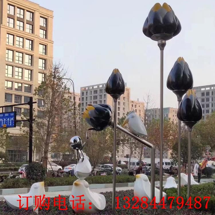 不銹鋼抽象荷花水景雕塑