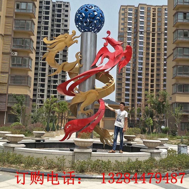 大型不銹鋼龍鳳玩球雕塑