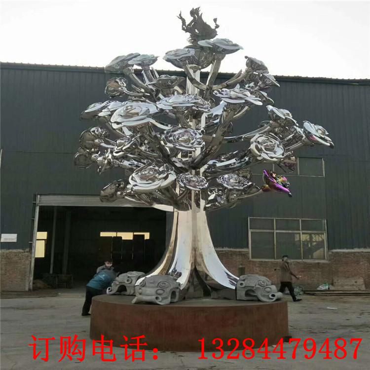 不銹鋼鏡面玫瑰樹雕塑