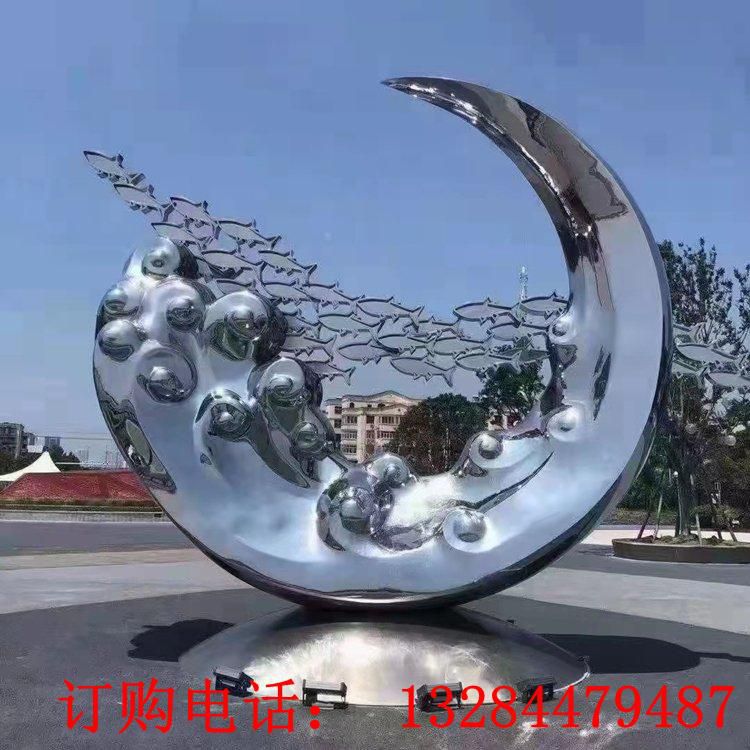 不銹鋼鏡面圓環(huán)魚群雕塑