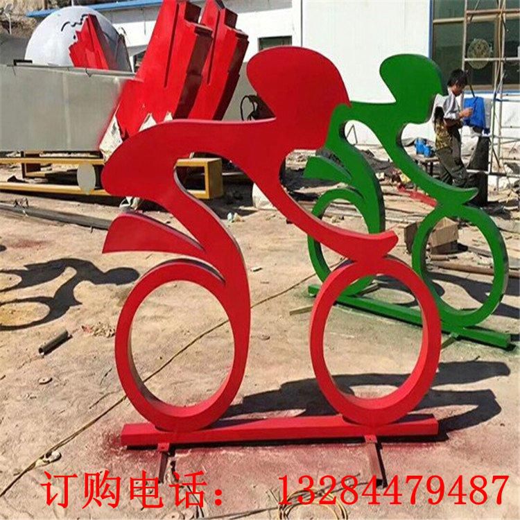 不銹鋼剪影人物騎自行車雕塑