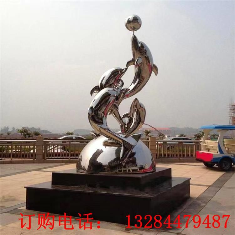 不銹鋼海豚頂球雕塑