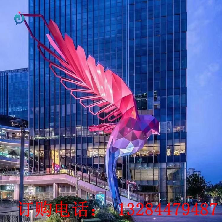 不銹鋼幾何彩繪小鳥步行街雕塑