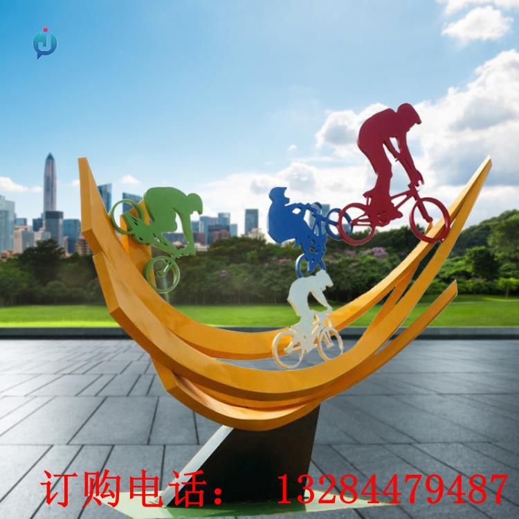 不銹鋼抽象人物騎自行車雕塑