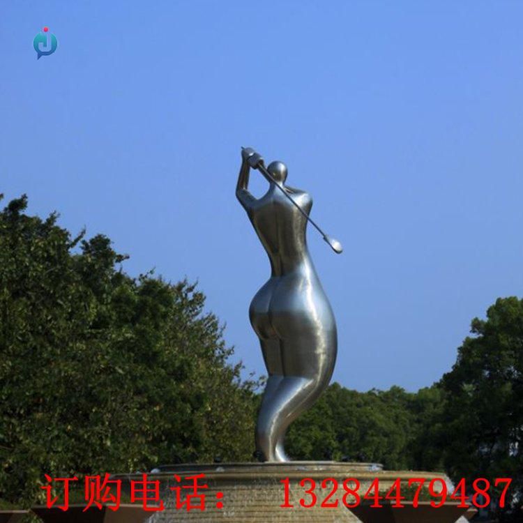 不銹鋼抽象人物打高爾夫雕塑