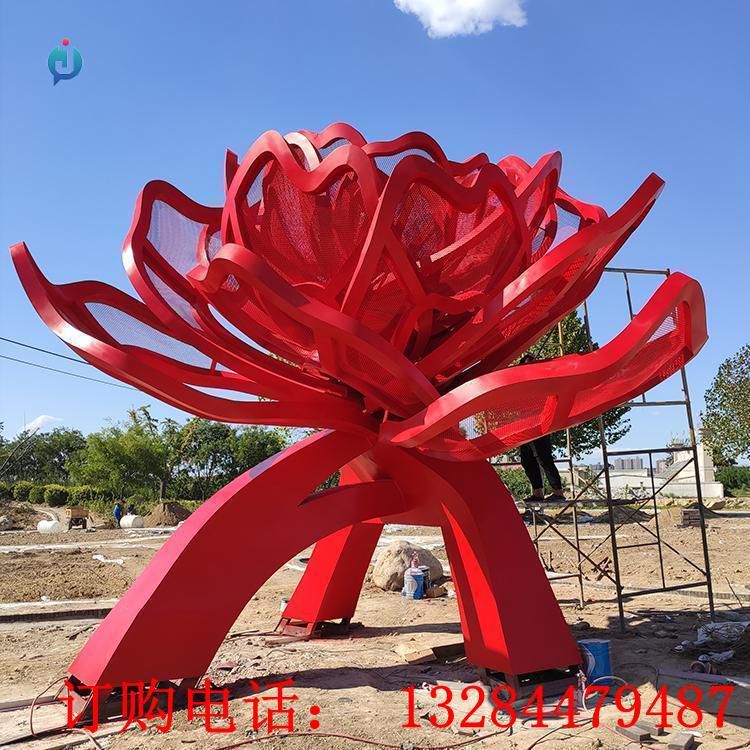 大型不銹鋼紅色牡丹花雕塑