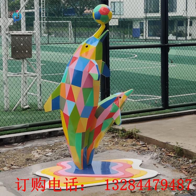 不銹鋼幾何海豚頂球雕塑